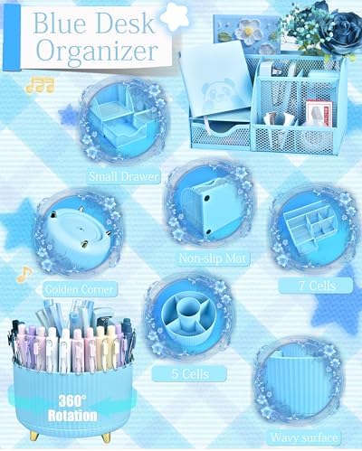 Blue Desk Accessories and Organizers with Desk Organizer and 360°Rotating Pen Holder stapler Pen and a Lot of Office Blue Office Supplies Beautifully Presented in a Gift Box - Image 2