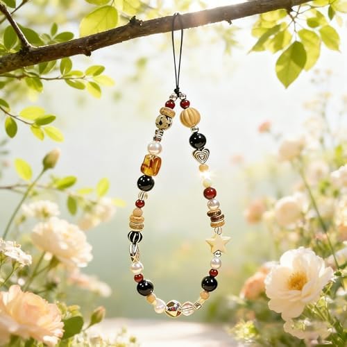 2 Pcs Phone Charm Strap Universal Hand Phone Wrist Strap Camera Lanyard Pearl Beaded Cute Chain String Accessories Universal for iPhone 17 16 Pro Max Samsung Women Girls Keychain Brown and White Star - Image 5