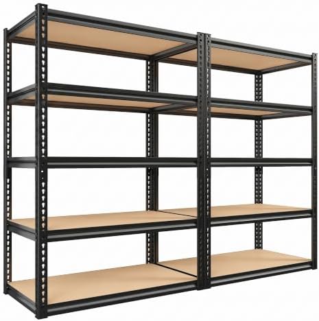 REIBII Garage Shelving, 5-Tier Storage Shelves Load 2410LBS, Adjustable Storage Rack for Garage, Pantry, Closet, Steel Frame, 35.6" W x 72.1" H x 16.1" D, Black, 2PC by REIBII