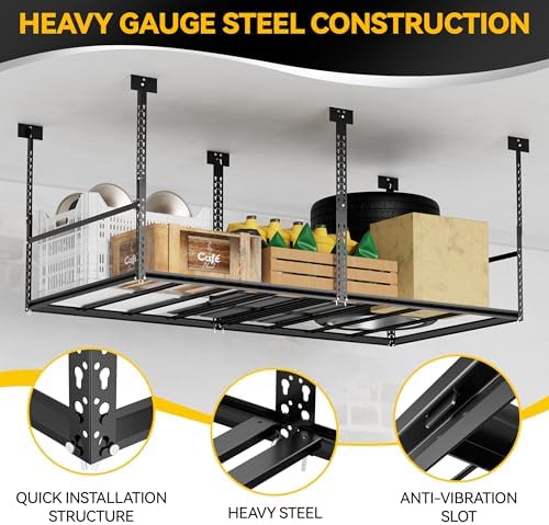 3x6 Ft Overhead Garage Storage Rack, 28-41 inch Height Adjustable Ceiling Mounted Organization Rack, 450 lbs Weight Capacity, 36"x72" Metal Rack for Garage Storage with Hanging Rods - Image 2