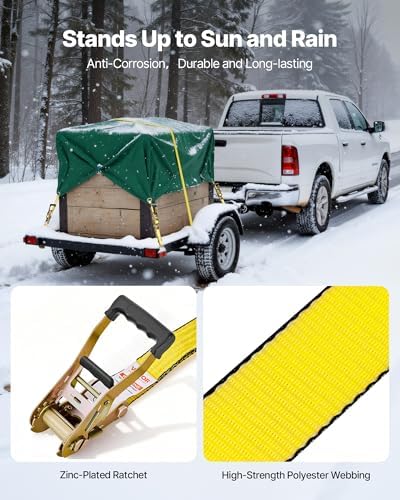 VEVOR Ratchet Tie Down Straps (4-Pack), 10000 lb Break Strength, Heavy Duty Double J Hooks, 2" x 27' with Padded Handles - Ideal for Moving, Securing Cargo, Appliances, Lawn Equipment, and More - Image 4