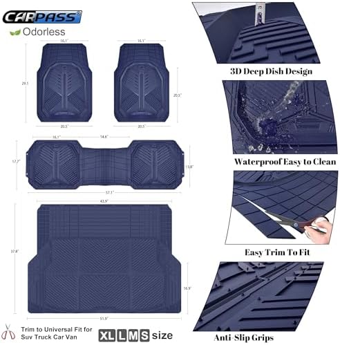 CAR PASS Heavy Duty Rubber Car Mats with Cargo Liner, Deep-Dish Car Floor Mats and Trunk Mat All Weather, Universal Trim-to-Fit for SUVs Trucks Sedans, Waterproof Anti-Slip, Trimmable V12 Blue - Image 5