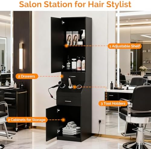 OmySalon Salon Station, Barber Stations with 2-Tier Storage Shelf with Door, Hair Styling Storage Cabinet with 2 Drawer, a Large Storage Cabinet & 3 Hot Tool Holders, Black - Image 4