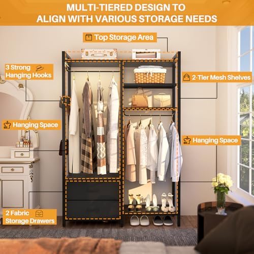 78.7'' Clothes Rack for Hanging Clothes - Reversible Clothing Rack with 2 Drawers, Heavy Duty Garment Racks with Shelves, 6 Tiers Freestanding Portable Closet Wardrobe System with Hanging Hooks, Black - Image 4