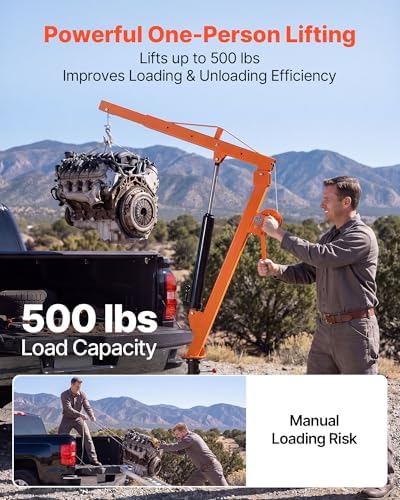 VEVOR Truck Crane, 500 lbs Pickup Hitch Crane Trailer Hitch Mounted with Manual Winch & Hydraulic Jack, 360° Rotating Telescopic Boom, Foldable Truck Bed Jib Hoist for Machine Lumber Equipment Lifting - Image 2