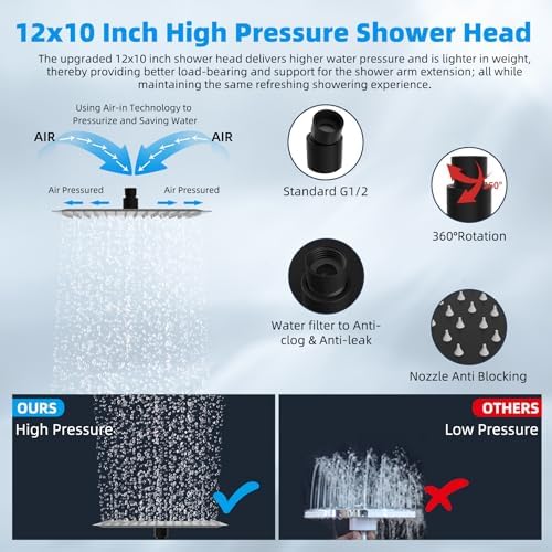 Hibbent 12'' Filtered Rain Shower Head with 16'' Extension Arm, Matte Black - Image 2