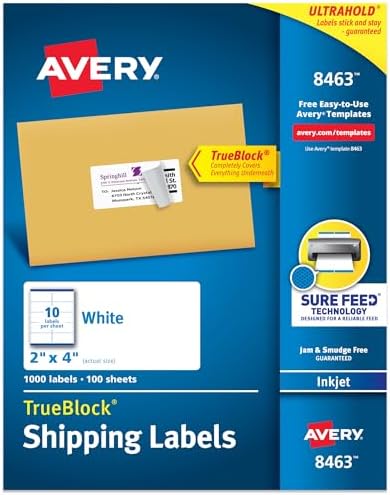 Avery Printable Shipping Labels, Sure Feed Technology, 2" x 4" Customizable Stickers, White, 1,000 Blank Mailing Labels, Great for Mailing, Shipping, and More (8463) by Avery
