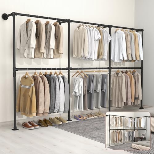 KELIXU 114.4" Industrial Pipe Clothing Rack for Wall Adjustable Height Wall Mounted Clothes Rack for Hanging Clothes, Heavy Duty Walk in Closet Systems, Garment Racks with Double Rods (Three, Black) by KELIXU