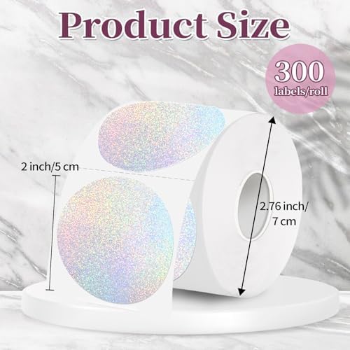 2 Inch Holographic Thermal Labels,Sliver Round Thermal Printer Labels,Printable Round Thermal Printer Labels Self-Adhesive Direct Thermal Label(300 Labels/Roll Sliver) - Image 2