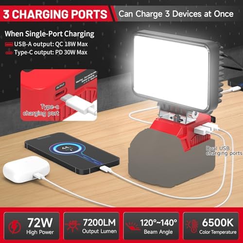 Azocek LED Work Light Compatible with Mil-wau-kee 18V Battery 7200LM - Image 6