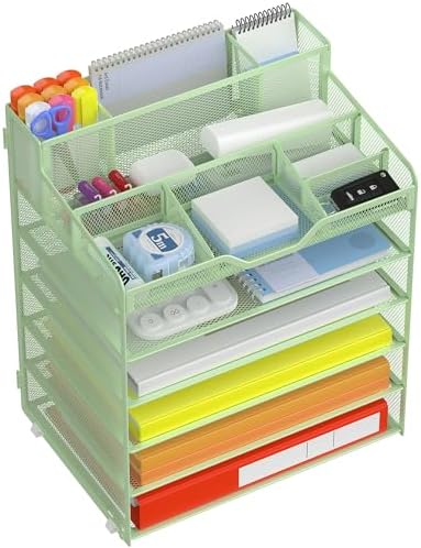 Docnest 6 Tier Mesh Desk Organizer with Letter Tray & Paper Sorter, Green by DocNest