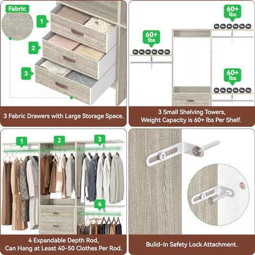 Armocity 5FT Small Closet System with 3 Fabric Drawers, 60'' Walk In Closet Organizer System With 3 Adjustable Shelves, Heavy Duty Clothes Rack Built-In Garment Rack, 59" L x 16" W x 71"H, White Oak - Image 5