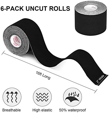 6 Rolls Kinesiology Tape Athletic Tape Sport Tape, Lychee Supports & Protects Muscles, Waterproof and Latex Free, Breathable Elastic for Sport Activity (Black) - Image 2