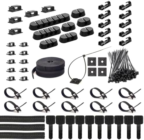 ZIIYAN 163 PCS Cable Management Kit, 3 Wire Organizer Sleeve, 8 Self Adhesive Cable Holder, 25 Cord Clips, 20+2 Roll Reusable Cable Straps and 100 Fastening Cable Ties for Computer TV Under Desk by ZIIYAN