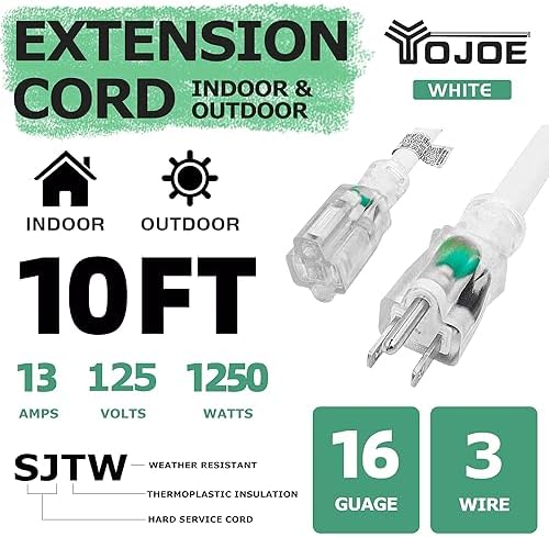 YOJOE Indoor Outdoor Extension Cord with Lighted End, 3 Prong 13A Weatherproof Power Cord, 16 Gauge Heavy Duty 10 ft White Extension Cord for Garage, Garden and Home, 16/3 SJTW UL Certified - Image 2