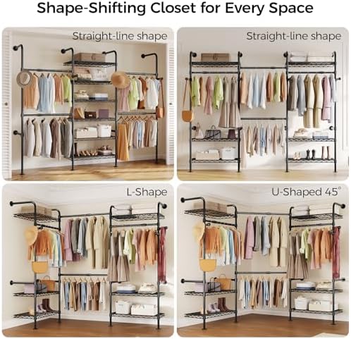 Closet Organizers and Storage, 3-Row Heavy Duty Garment Rack Clothes Rack for Hanging Clothes, Wall Mounted Closet System with 4 Telescopic Rods, 4 Hooks, 6 Shelves for Wardrobe, Bedroom, Small Space - Image 5