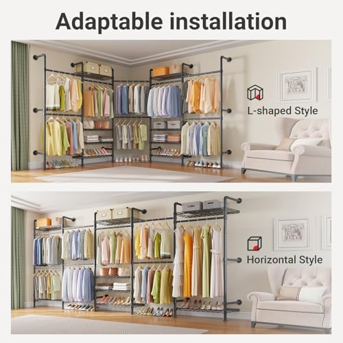 Timate L Shape Closet Rack Wall Mount for Corner, Heavy Duty Hanging Garment Rack Clothing Rack with 8 Adjustable Shelves & 4 Hanger Rods, Closet System for Hanging Clothes, Black - Image 3