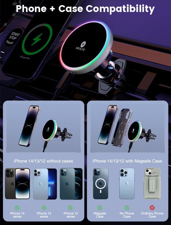 for Magsafe Car Mount Charger 15W LED RGB Car Phone Holder for Dash Vent - Image 3