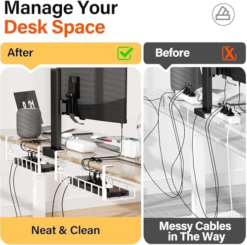 3 Pack Cable Management Under Desk Tray, 47.1" No Drill Under Desk Wire Management with Upgraded Clamp, Metal Cord Organizers with Cable Organizers, PC Cord Organization Rack, White - Image 3