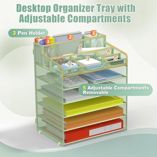 Docnest 6 Tier Mesh Desk Organizer with Letter Tray & Paper Sorter, Green - Image 4