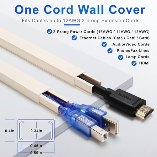 ZhiYo 68" Cord Hider for 1 Cable, Small Beige Wire Covers, 0.6" W x 0.4" H - Image 2