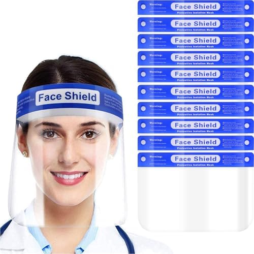 10 Pcs Face Shield Mask, Anti-Fog Clear Full Face Protection Shield, Reusable Plastic PPE Face Protection with Elastic Headband for Dental, Work & Daily Use by EYEGLASSTOR