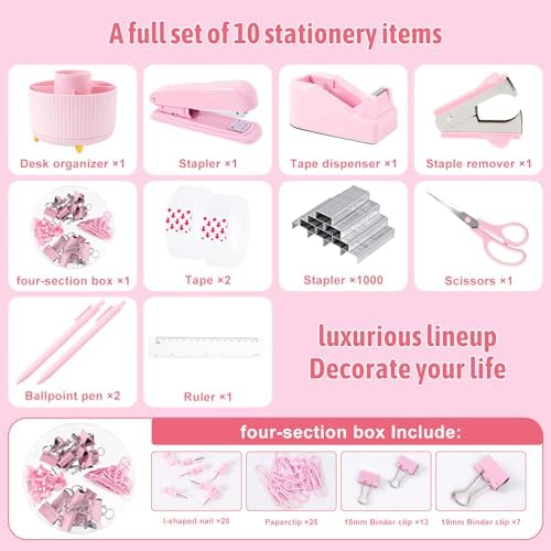 Gawsey Pink Desk Organizers and Accessories with Desk Organizer 360° Rotating Pen Holder and Office Supplies, Cute Stationery Supplies Set - Image 3