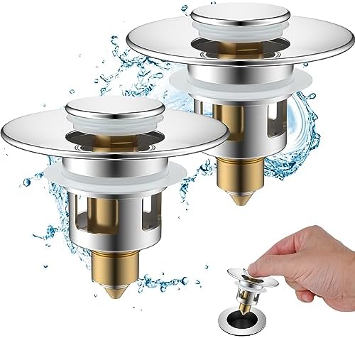 Hibbent 2 Pack All Metal Universal Bathroom Sink Stopper for 1.1''~2.3'' Basin, Pop Up Sink Drain Strainer, Brass Bullet Core Push Type Stopper, Stainless Steel Anti Clogging Drain Filter, Chrome by Hibbent