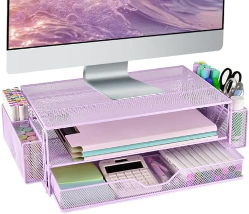 AUPSEN Computer Monitor Stands Riser，2-Tier Desk Organizers and Accessories, Office Desk Accessories Organizer with Drawers and 2 Pen Holder for Office Supplies (Purple) by AUPSEN