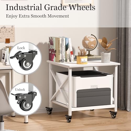 Printer Stand, 23.6 x 23.6 Inches Large Printer Stand with Storage Shelf, 2 Tier Printer Table for Home Office, Rolling Printer Cart with Industrial Wheels, Mini Fridge Stand Table, White - Image 3