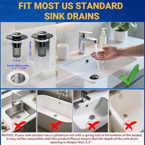 Bathroom Sink Drain Strainer, Pop-Up Bathroom Sink Stopper with Removable Stainless Steel Hair Catcher Basket, Universal Fit for US Bathroom Sinks, Showers & Floor Drains (1pcs-Black) - Image 6