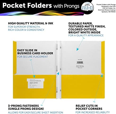 FILE-EZ Two-Pocket Folders with 3-Prong Fasteners, Yellow Color, 25-Pack, Durable Textured Paper, Matte Finish, Letter Sheet Size (EZ-92570) - Image 2