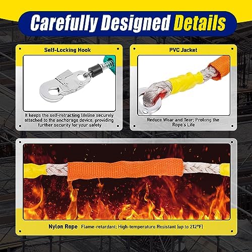 23FT 330LBS Self-Retracting Lifeline Lanyard with Double Braking System,Fall Arrester Fall Protection Alloy Steel, W/Hook& Rope for High-Altitude Work - Image 7