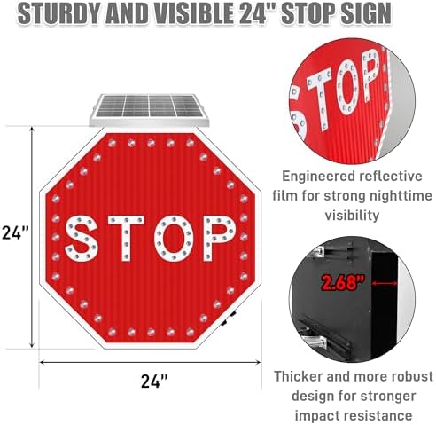 24" Solar Stop Sign-LED Solar Powered Flashing Stop Sign, Heavy Duty Blinking Road Traffic Stop Warning Signs with Aluminum Frame & Engineered Reflective Film, IP65 Wateproof for Street Driveway Outdoor - Image 3