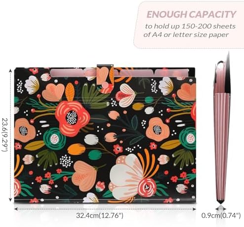 SKYDUE Expanding File Folder with 5 Pockets, Floral Accordion File Organizer for Important Document, Portable Receipt Paper Organizer, School Office Supplies Black - Image 5