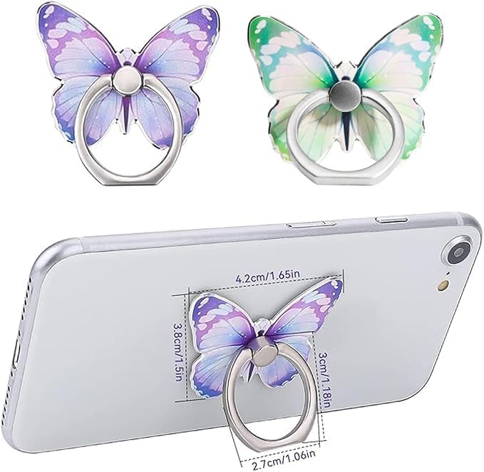 5 Pcs Butterfly Cell Phone Ring Stand Holder, Cute Butterfly Design Finger 360° Rotating Metal Hand Phone Stand Holder, with Adjustable Knob Loop (Purple, Blue,Green,Yellow,Pink) - Image 2