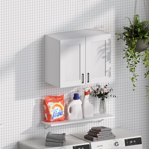 White Laundry Room Cabinets and Storage with 2 Doors and Utility Adjustable Shelf，Gabinetes Para Cocina Cupboard Kitchen Organizers and Storage Pantry Wall Mounted 12.4"D x 23.6"W x 19.7"H - Image 5