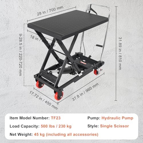 VEVOR TF23 Hydraulic Lift Table Cart, 500lbs Capacity 28.5" with 4 Wheels and Non-Slip Pad, for Material Handling and Transportation, Black - Image 7