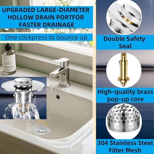 Bathroom Sink Drain Strainer 2 Pack,Bathroom Sink Stopper with Pop-Up Drain and Removable Hair Catcher, Stainless Steel Filter Basket, Fits Standard US Bathroom Sinks - Image 4