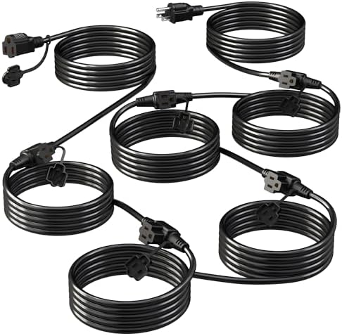 Eversimpleinc Black Outdoor Extension Cord with Multiple Outlets, (50FT 6 Outlets) Evenly Spaced with Weatherproof Cover, Ideal for Christmas Decoration Patio, 16AWG/3C SJTW, ETL Listed by EversimpleInc