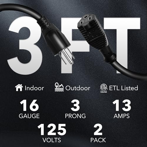 BN-LINK 3 Ft Outdoor Extension Cord 16/3 SJTW General Purpose Power Cord, 3 Prong Grounded Plug, 13-Amp, Black, for Lawn, Garden, Appliances, 3 Pack - Image 2
