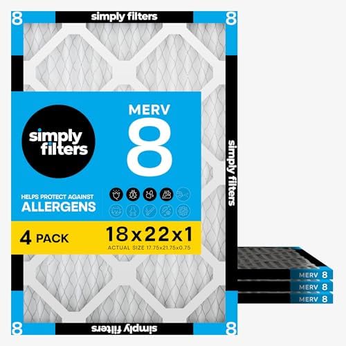 Simply 18x22x1 Air Filter, Merv 8, 4 Pack, For Home AC Furnace & HVAC (Actual Size: 17.75"x21.75"x0.75") DUST, Pet, & Allergy Control by SimplyFilters