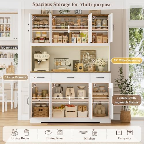 HOSTACK 71" Tall Kitchen Pantry Storage Cabinet, 55" W Kitchen Hutch, White - Image 4