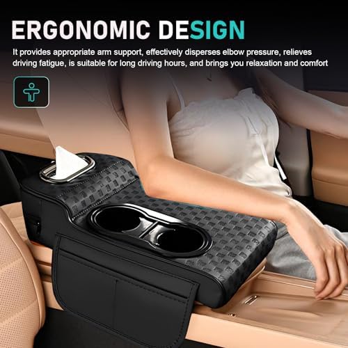 Car Center Console Cover, Microfiber Leather Car Armrest Cover Cushion with 2 Storage Bags, Cup Holders, Tissue Box Slot, Universal Car Armrest Storage Box for Most Vehicles (Black) - Image 7