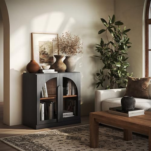 BELLEZE 2 Tier Bookshelf with Arched Glass Door, Modern Display Bookcase Shelf with Storage and Adjustable Shelves, Wood Bookshelves for Living Room Office Entryway (Ebony) by BELLEZE
