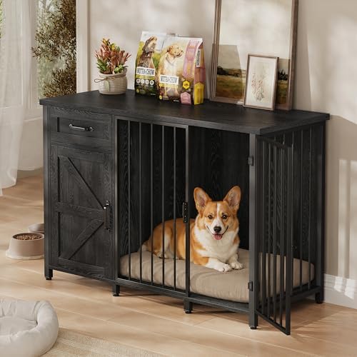 kepptory 30 Inch Dog Crate Furniture with Cabinet, Heavy Duty Farmhouse Dog Kennel with Charging Station, Wooden End Table TV Stand with 900 LBS Capacity and Adustable Feet by kepptory