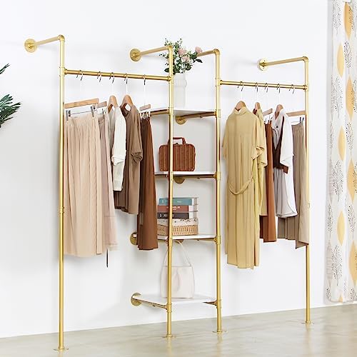 Industrial Pipe Gold Clothing Rack with Shelves, Retail Display Wall Mounted Storage Clothes Hanging Shelf Gold Pipeline Hanging Rod Steampunk Style, 4 Tier Wood Garment Rack 72.8x71inch - Image 2