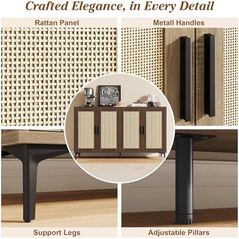 JASIWAY 48" Rattan Buffet Cabinet with Storage, Walnut Coffee Bar Cabinet - Image 5