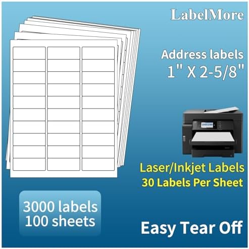 1" X 2-5/8" Address Labels 30 Per Sheet Sticker Paper for Laser and Inkjet Printers, 8.5"×11" White- 3000 Labels by LabelMore