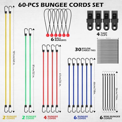 60-Piece Bungee Cords Assorted Sizes - 10" 18" 24" 32" 40" Bungee Cords with Hooks, Heavy Duty Outdoor, Large Medium Small Mini Elastic Canopy Tarp Bungee Ball Ties Tarp Clips Organizer - Image 2